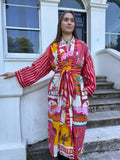 Pink Architectural Printed Cotton Kimono | Contrast Stripes | Ruffle Collar