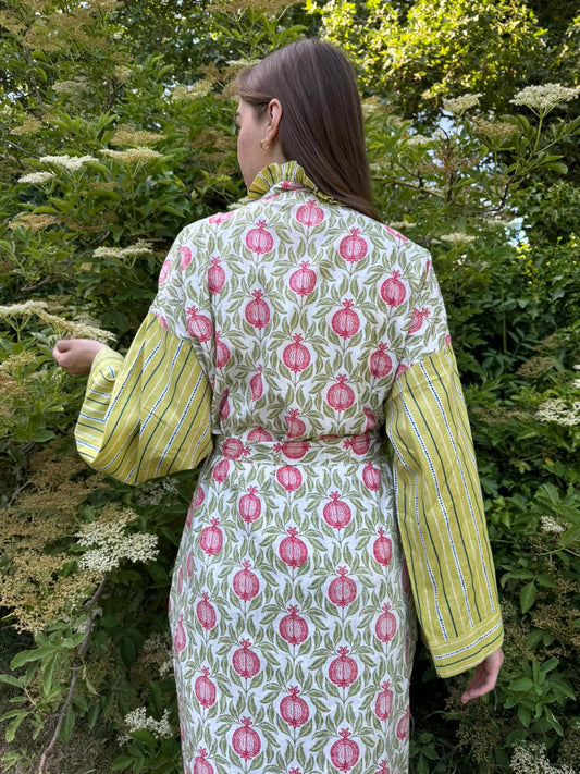 Pure Cotton Handprinted House Kimono| Contrast Stripe|
