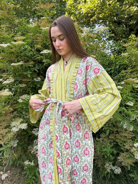Pure Cotton Handprinted House Kimono| Contrast Stripe|