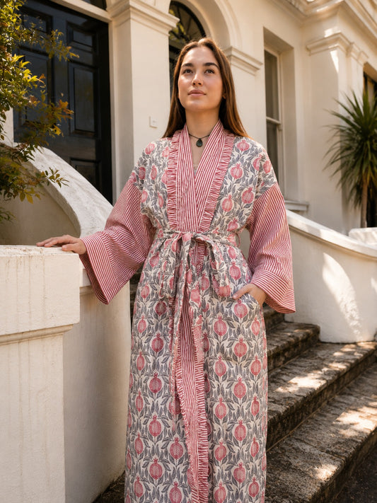 Pure Cotton Handprinted House Kimono| Contrast Stripe|