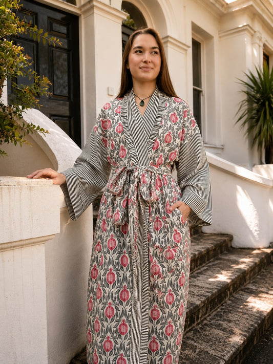 Pure Cotton Handprinted House Kimono| Contrast Stripe|
