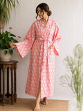 Pure Cotton Handprinted House Kimono| Pink White Leaf