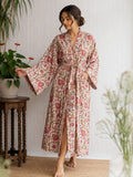 Pure Cotton Handprinted House Kimono| Pink White Floral Vein