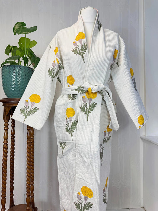 Quilted Pure Cotton Reversible Long Autumn Winter Dressing Kimono Robe Boho Indian Blockprint Classic Marigold Yellow Bloom Green Leaves