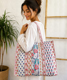 Quilted Cotton Handprint Reversible Large Tote Bag Eco friendly Summer Sturdy Grocery Shopping  Artist Boho Carry All Patchwork White