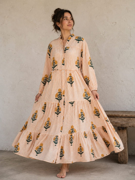 Pure Cotton Maxi Dress Indian Block Print Summer Earthy Nature Beach Goddess Comfy Daywear Boho Beach Outfit | White Mustard Peach Marigold