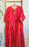 Pure Cotton Long Dress Indian Block Print Boho Colourful Summer Earthy Elegant Comfy Daywear Mom Outfit HOT RED