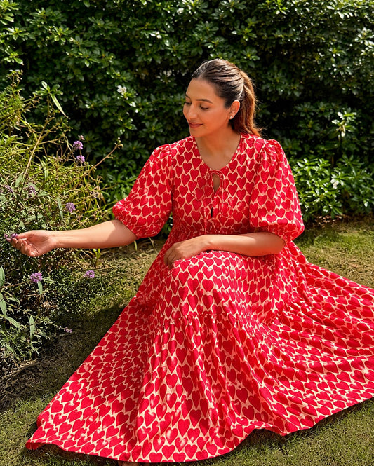 Pure Cotton Long Dress Indian Block Print Boho Colourful Summer Earthy Elegant Comfy Daywear Mom Outfit HOT RED