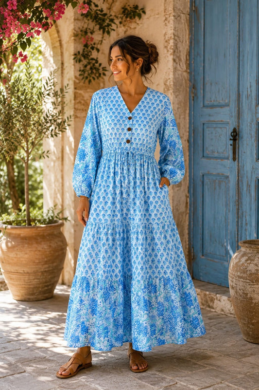 Elegant Cotton Dress Love Grey Aqua Blue Pink Hue