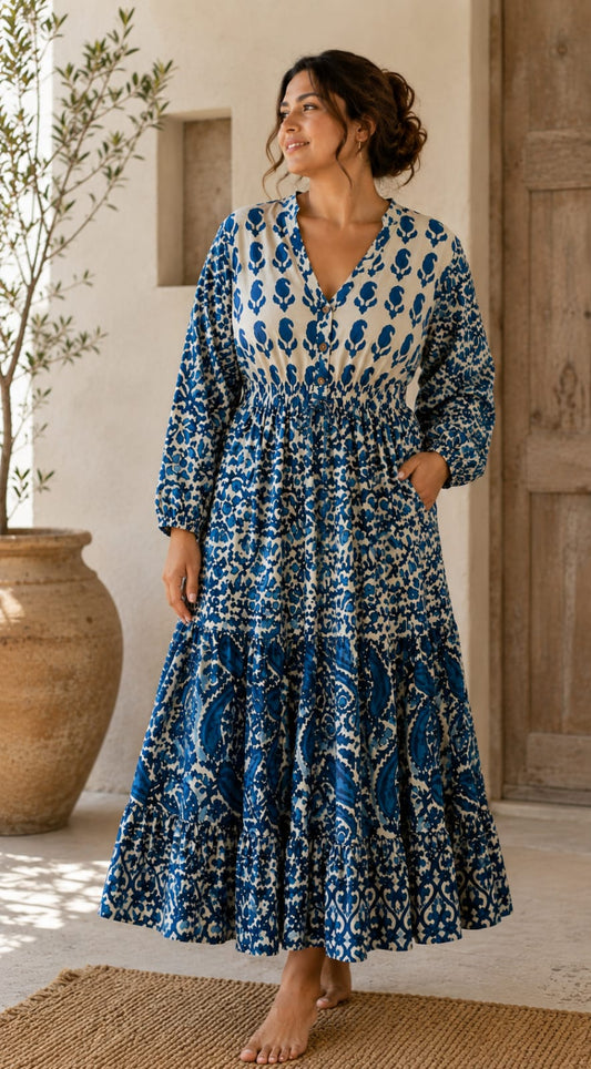 Elegant Cotton Dress Blue White Hue