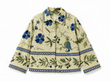 Velvet Bolero Open Jacket with Threaded Embroidery Off White Mint Blue Hues