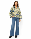 Velvet Bolero Open Jacket with Threaded Embroidery Off White Mint Blue Hues