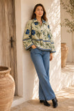 Velvet Bolero Open Jacket with Threaded Embroidery Off White Mint Blue Hues