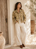 Velvet Corduroy Jacket with Intricate Thread Embroidery Brown with Light Khaki Forest Green
