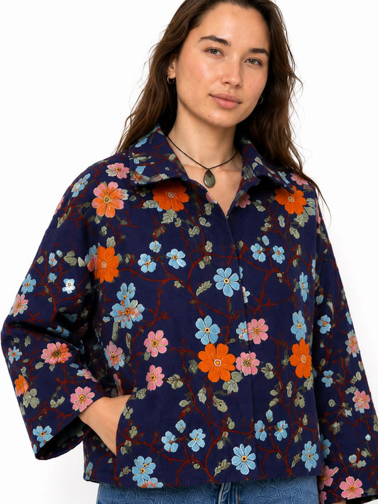 Suzani Hand Embroidered Unisex Bolero Short Jacket Boho Gypsy Crewel Special Love Gift | Deep Blue Orange Pink Yellow