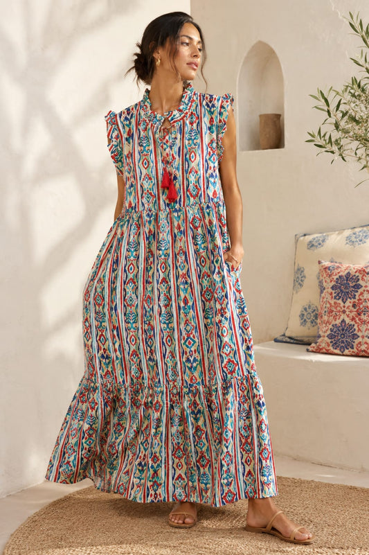 Elegant Cotton Dress Pastel Orange Ikat Turquoise