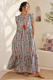 Elegant Cotton Dress Pastel Orange Ikat Turquoise