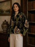 Velvet Bolero Open Jacket with Threaded Embroidery Green Chalk Floral GOLd Yellow Black