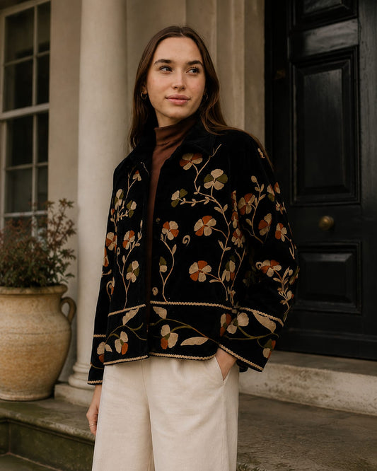 Artisan Velvet Open Jacket with Threaded Embroidery Black with wool thread