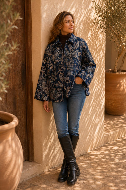 Artisan Velvet Open Jacket with Threaded Embroidery