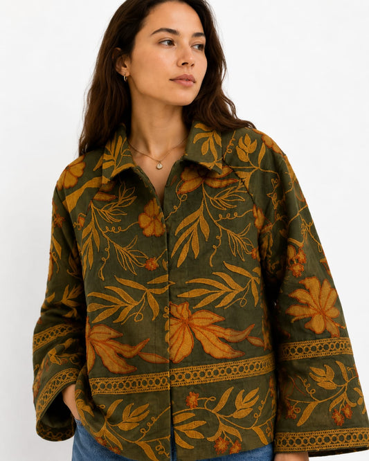 Suzani Hand Embroidered Unisex Bolero Short Jacket Boho Gypsy Crewel Special Love Gift | Bottle Green Sunset Orange