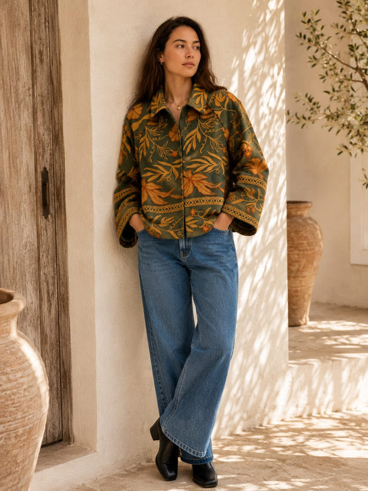 Suzani Hand Embroidered Unisex Bolero Short Jacket Boho Gypsy Crewel Special Love Gift | Bottle Green Sunset Orange