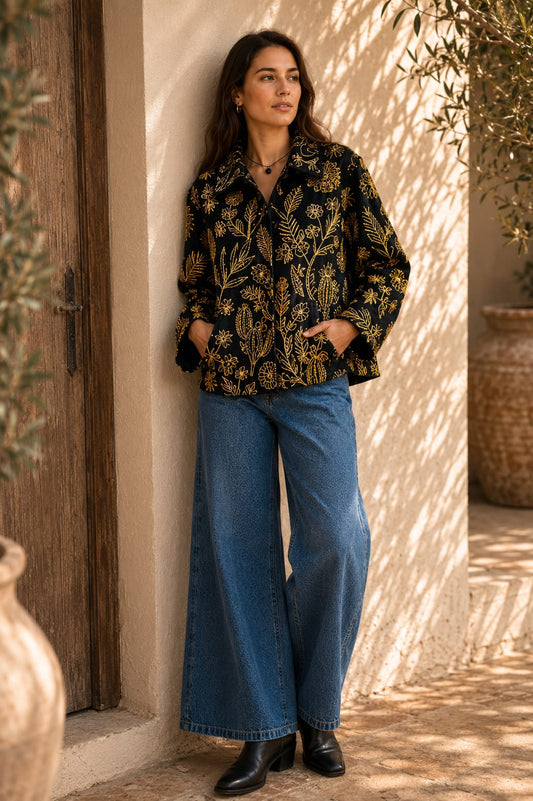 Artisan Velvet Open Jacket with Threaded Embroidery Black with golden thread