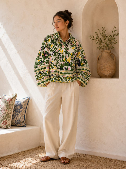 Suzani Hand Embroidered Unisex Bolero Short Jacket Boho Gypsy Crewel Special Love Gift | Cream Dark Green Bright Yellow Floral