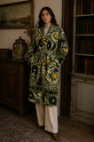 Suzani Hand velvet Silk Thread Embroidered long length Kimono Olive Green Black Yellow Cream Bloom