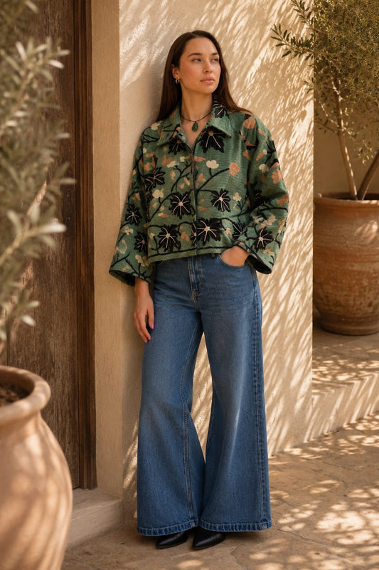 Artisan Bloom Hand-Embroidered Suzani Corduroy Bolero Jacket | Elegant Classic Style in Olive Green Black Beige   Embroidery