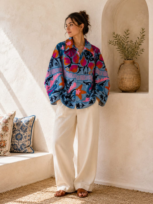 Suzani Hand Embroidered Unisex Bolero Short Jacket Boho Gypsy Crewel Special Love Gift | Fluorescent Yellow-Green