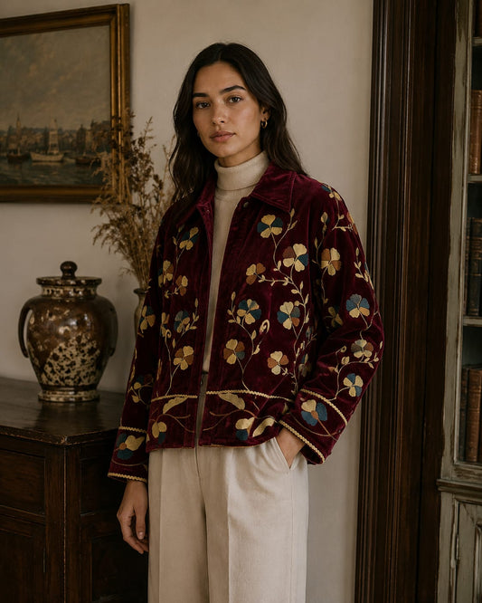 Artisan Velvet Open Jacket with Threaded Embroidery