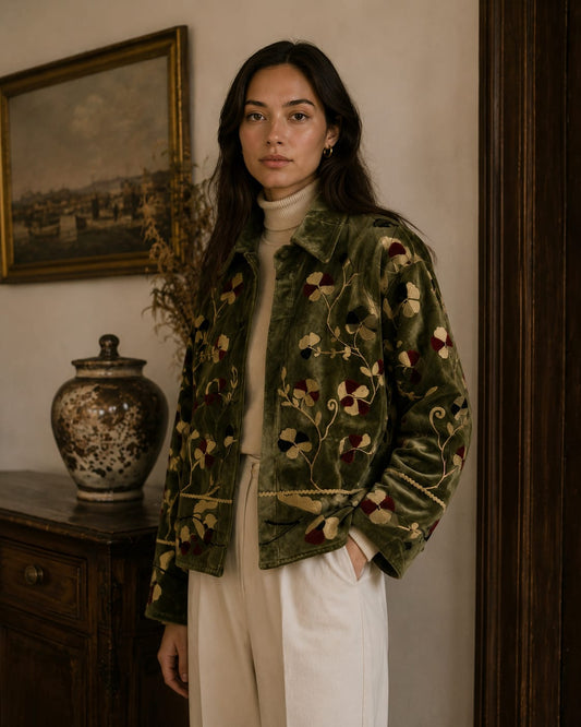 Artisan Velvet Open Jacket with Threaded Embroidery