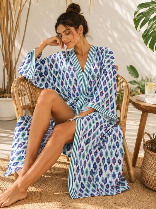 Pure Cotton Block printed Sky blue and  White Ikat