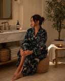 Pure Waffle Cotton Handprinted House Bath Dress Robe Summer Kimono | Floral Spa Beach Coverup | Navy Jungle Safari