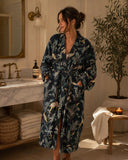 Pure Waffle Cotton Handprinted House Bath Dress Robe Summer Kimono | Floral Spa Beach Coverup | Navy Jungle Safari