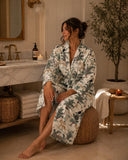Pure Waffle Cotton Handprinted House Bath Dress Robe Summer Kimono | Floral Spa Beach Coverup | Beige Jungle Safari