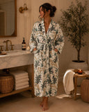 Pure Waffle Cotton Handprinted House Bath Dress Robe Summer Kimono | Floral Spa Beach Coverup | Beige Jungle Safari