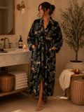 Pure Waffle Cotton Handprinted House Bath Dress Robe Summer Kimono | Floral Spa Beach Coverup | Black Jungle Safari