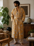 Quilted Unisex Cotton Reversible Long Winter Dressing Kimono Robe Boho Block-Mustard Beige Oriental Olive Green Stripe