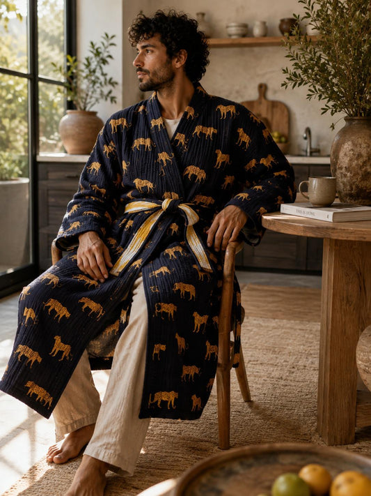 Quilted Unisex Cotton Reversible Long Winter Dressing Kimono Robe Boho Block-Black Leopard Ikat Yellow