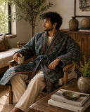 Quilted Unisex Cotton Reversible Long Winter Dressing Kimono Robe Boho Block-print Classic Emerald Red Mughal Motif Stripe Christmas Love Gift