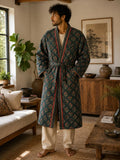 Quilted Unisex Cotton Reversible Long Winter Dressing Kimono Robe Boho Block-print Classic Emerald Red Mughal Motif Stripe Christmas Love Gift