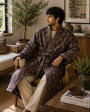 Quilted Unisex Cotton Reversible Long Winter Dressing Kimono Robe Boho Block-print Classic Black Red Mughal Motif Stripe Christmas Love Gift