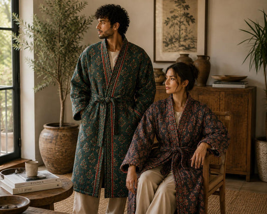 Quilted Unisex Cotton Reversible Long Winter Dressing Kimono Robe Boho Block-print Classic Emerald Red Mughal Motif Stripe Christmas Love Gift