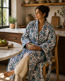 Quilted Unisex Cotton Reversible Long Winter Dressing Kimono Robe Boho Block-Blockprint Classic White Purple Aqua Paisley Ocean Green
