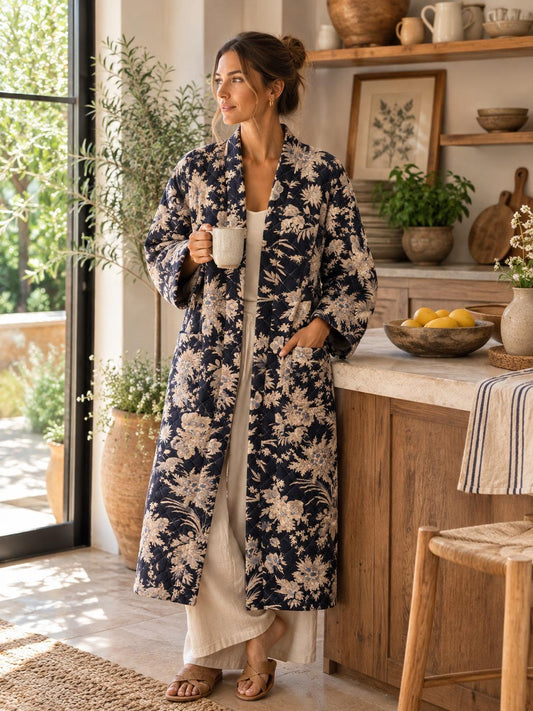Quilted Unisex Cotton Reversible Long Winter Dressing Kimono Robe Boho Block-Monochrome Black Beige Oriental Stripe