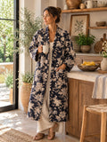 Quilted Unisex Cotton Reversible Long Winter Dressing Kimono Robe Boho Block-Monochrome Black Beige Oriental Stripe