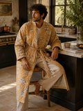 Quilted Unisex Cotton Reversible Long Winter Dressing Kimono Robe Boho Block-Mustard Beige Oriental Olive Green Stripe