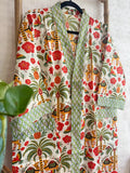 Pure Cotton Handprinted House Robe Summer Kimono | Floral Beach |Quirky Spring White Red